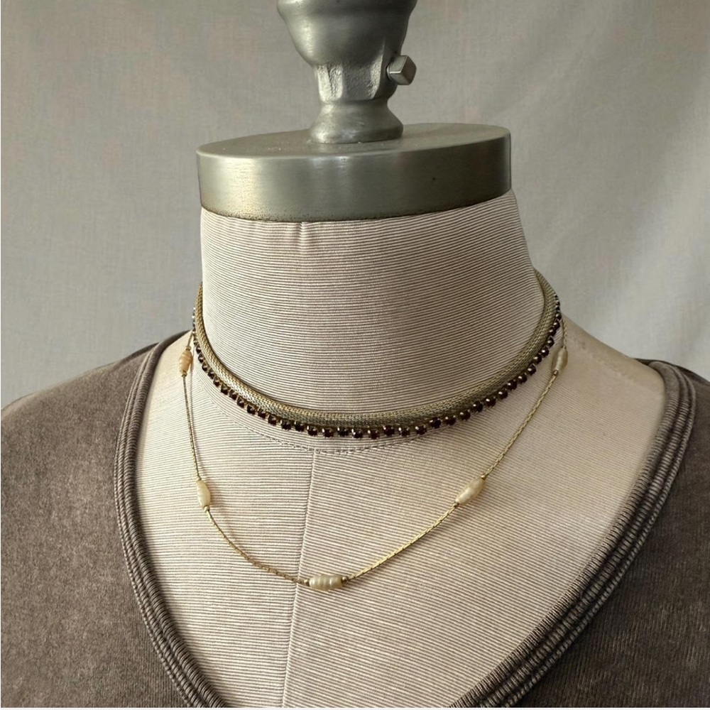 Bundle lot of 2 Gold tone fresh water pearl beaded red rhinestone chain necklace